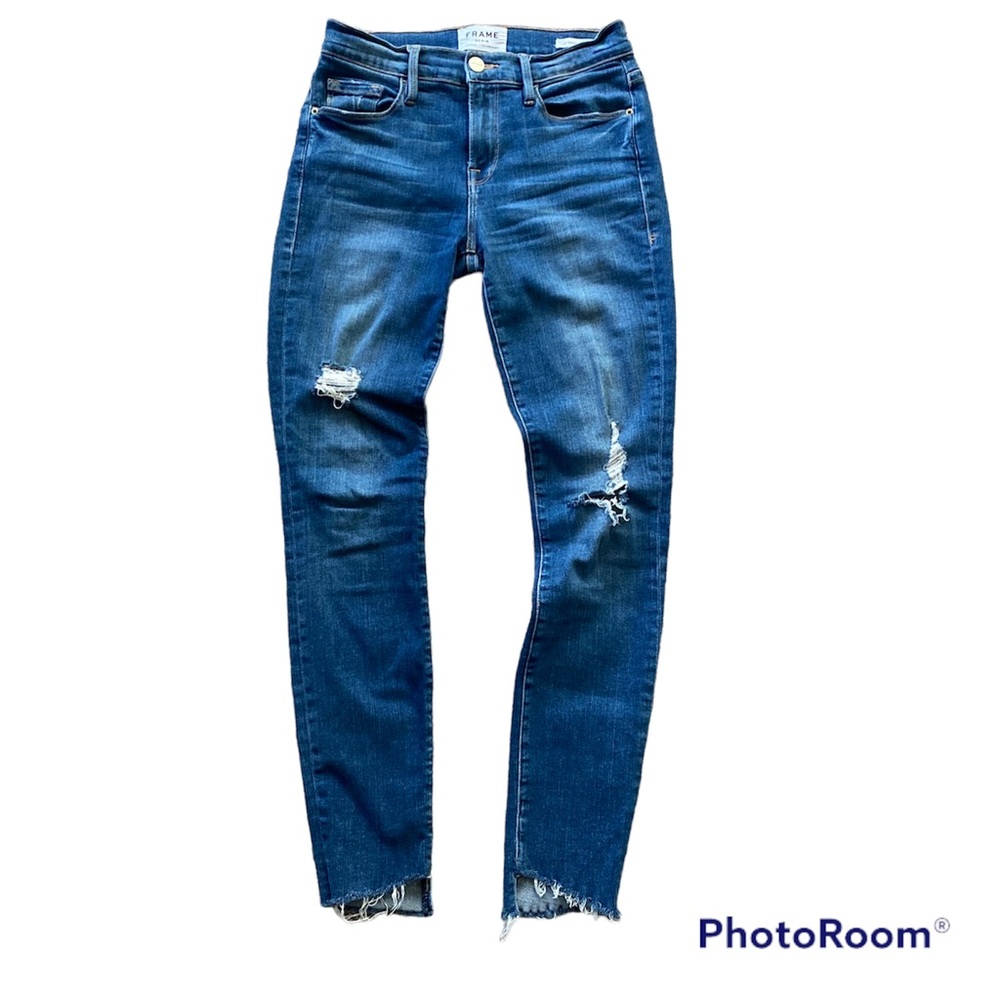 Frame Denim Le Skinny de Jeanne Blue Jeans Distressed Size 25